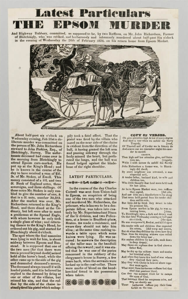 An example crime broadside: The Epsom Murder, via Harvard Library